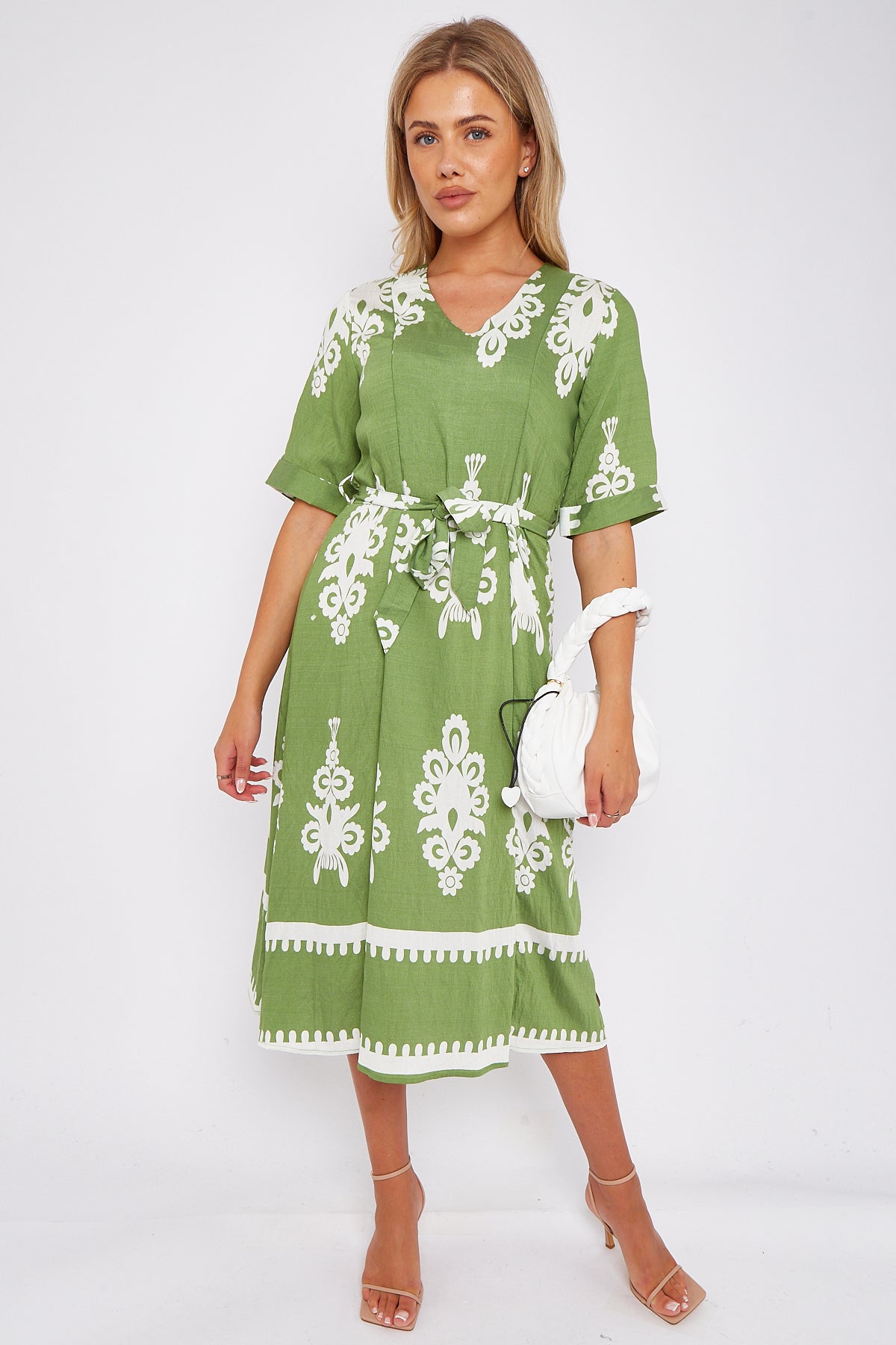 Green Pattern Print Short Sleeve Midi Dress