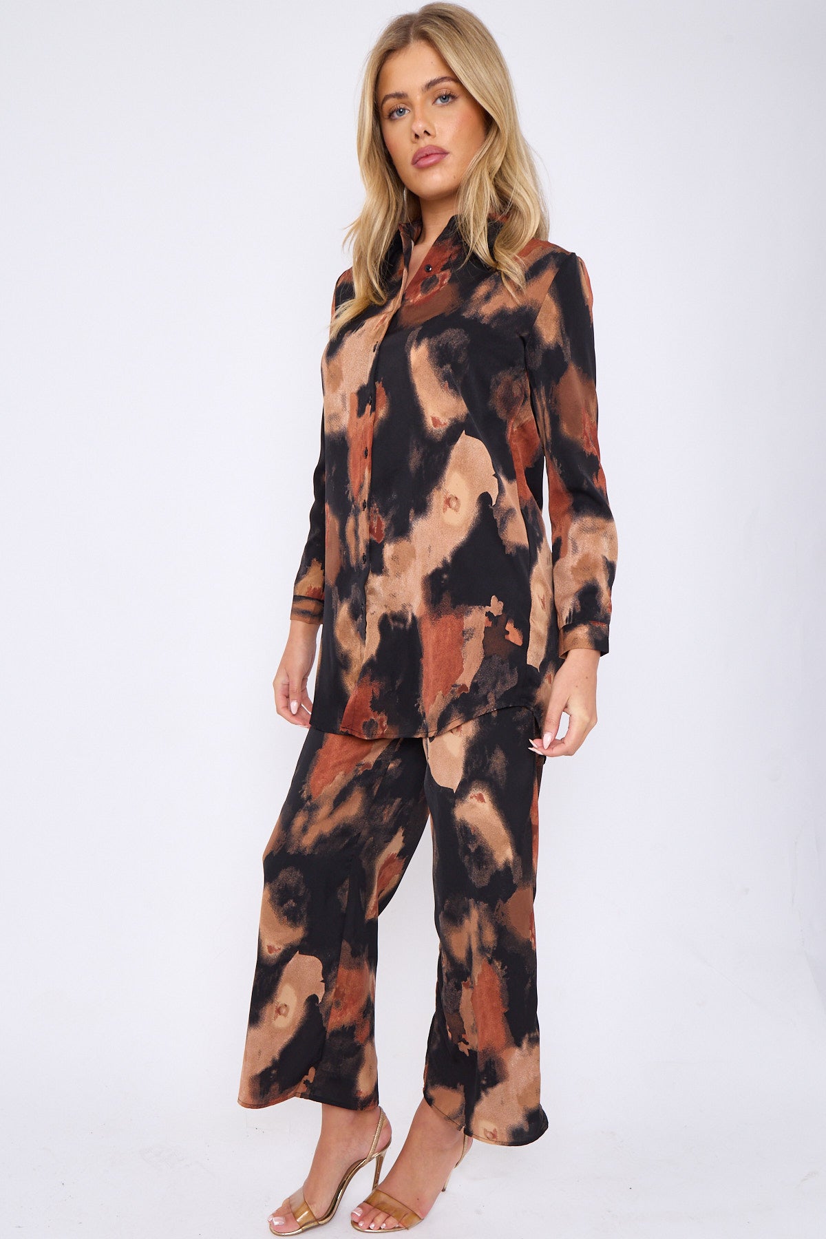 Black Abstrat Print Co-ord Shirt and Trousers Set