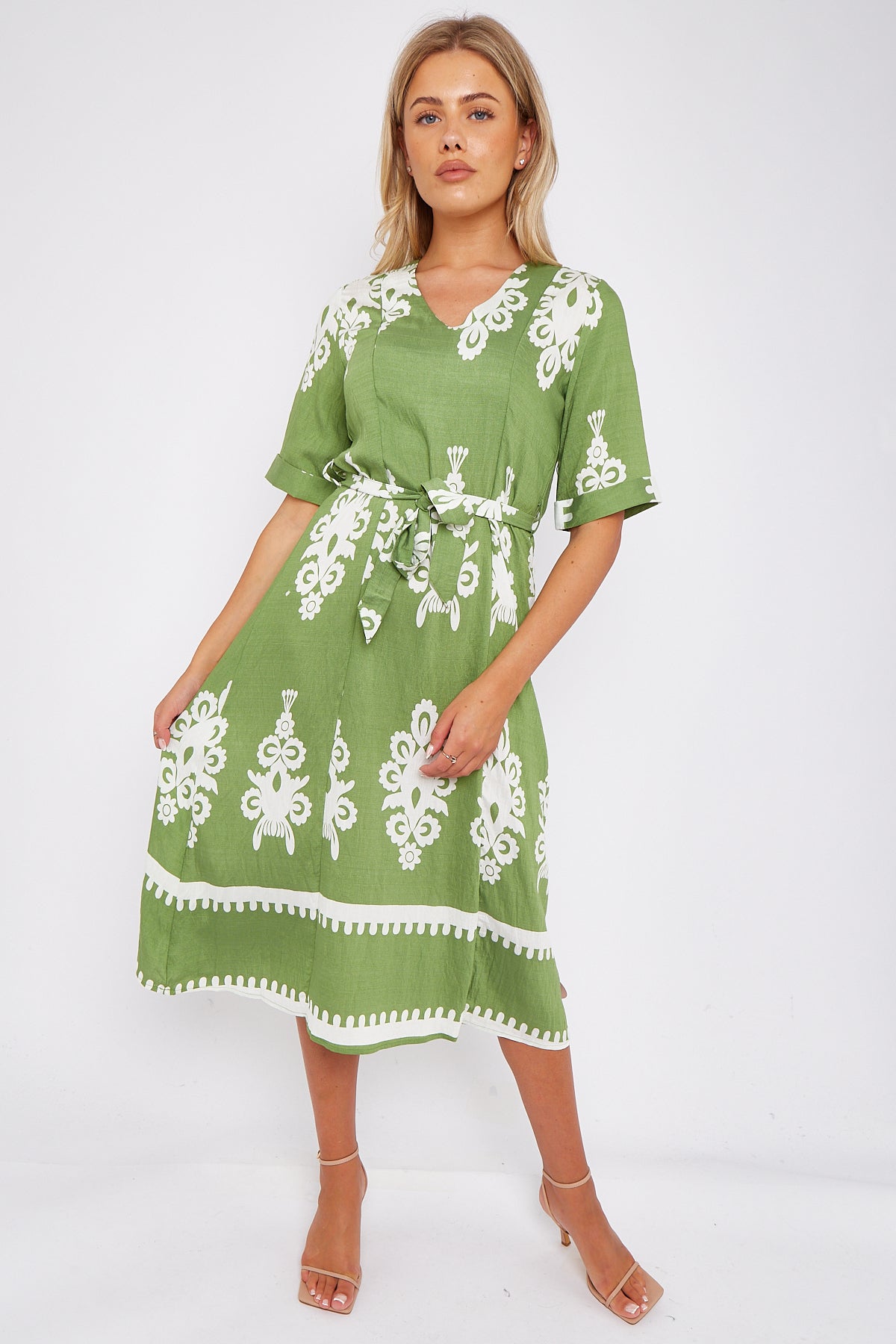 Green Pattern Print Short Sleeve Midi Dress