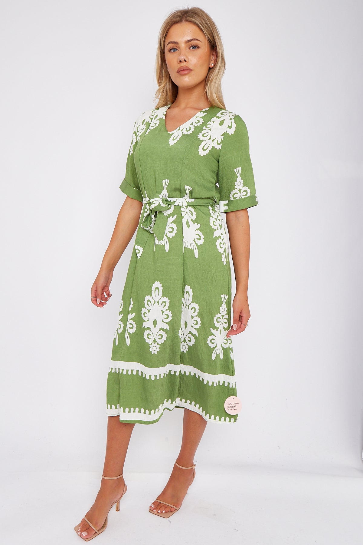 Green Pattern Print Short Sleeve Midi Dress