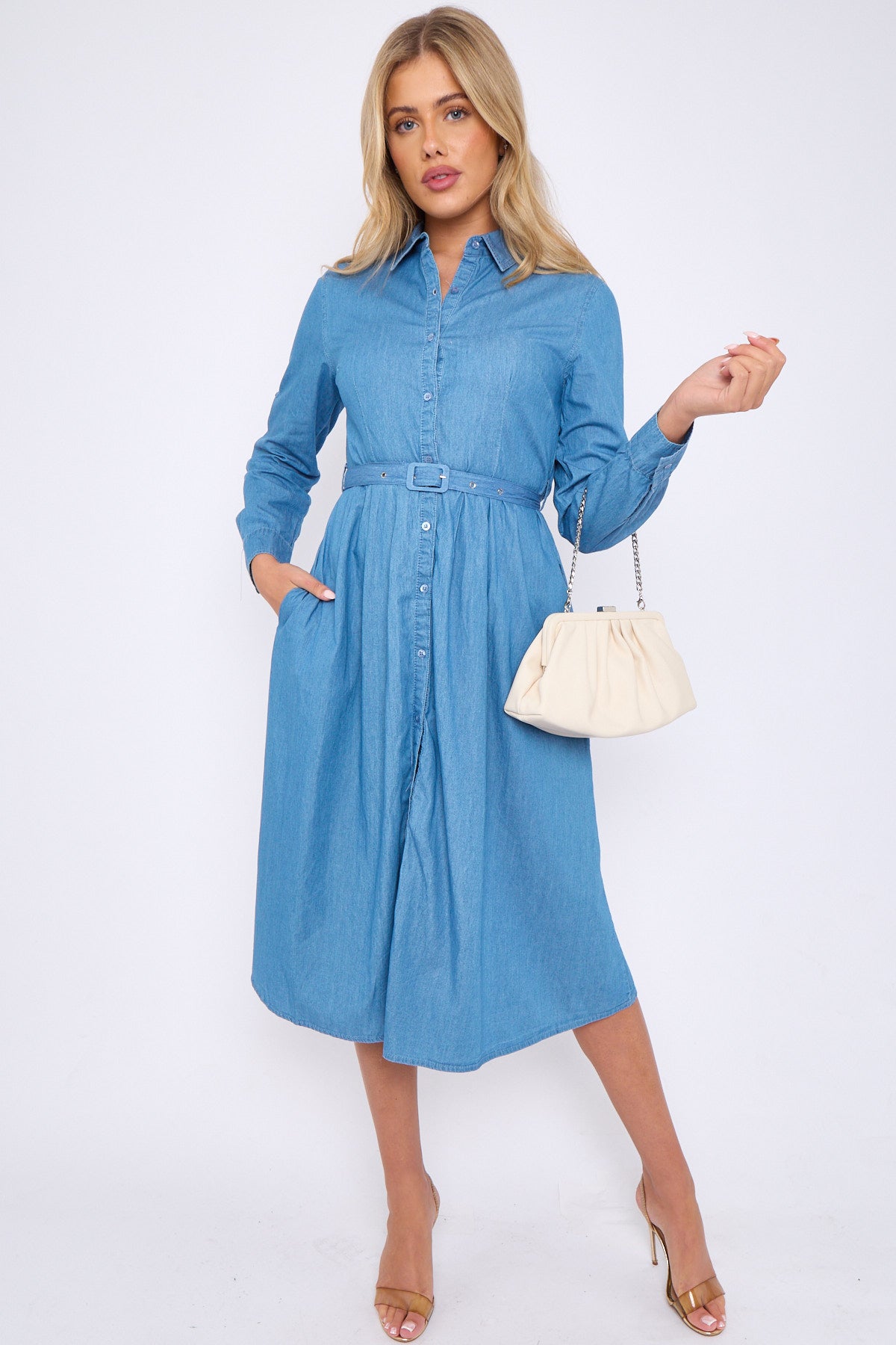 Long Sleeve Belted Denim Midi Shirt Dress with Pockets