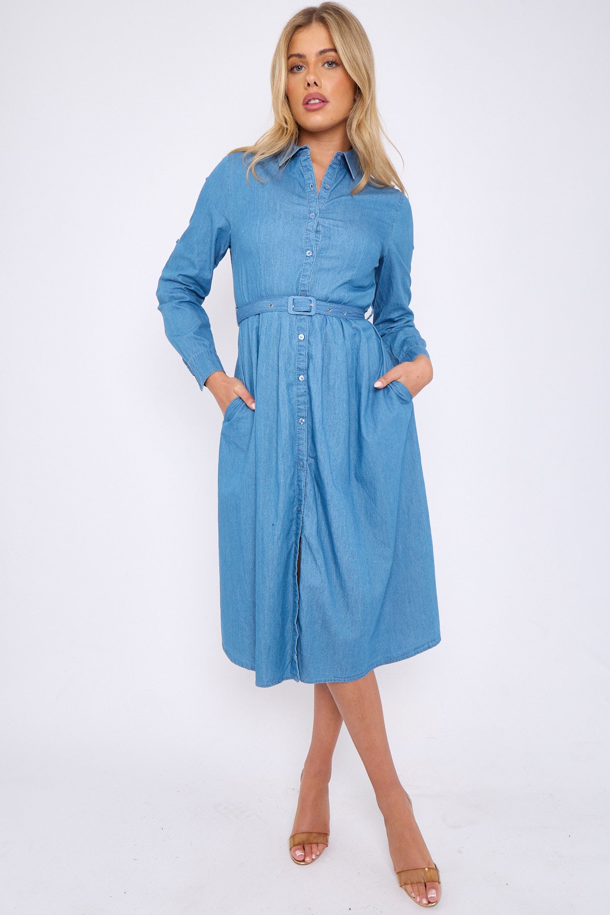 Long Sleeve Belted Denim Midi Shirt Dress with Pockets