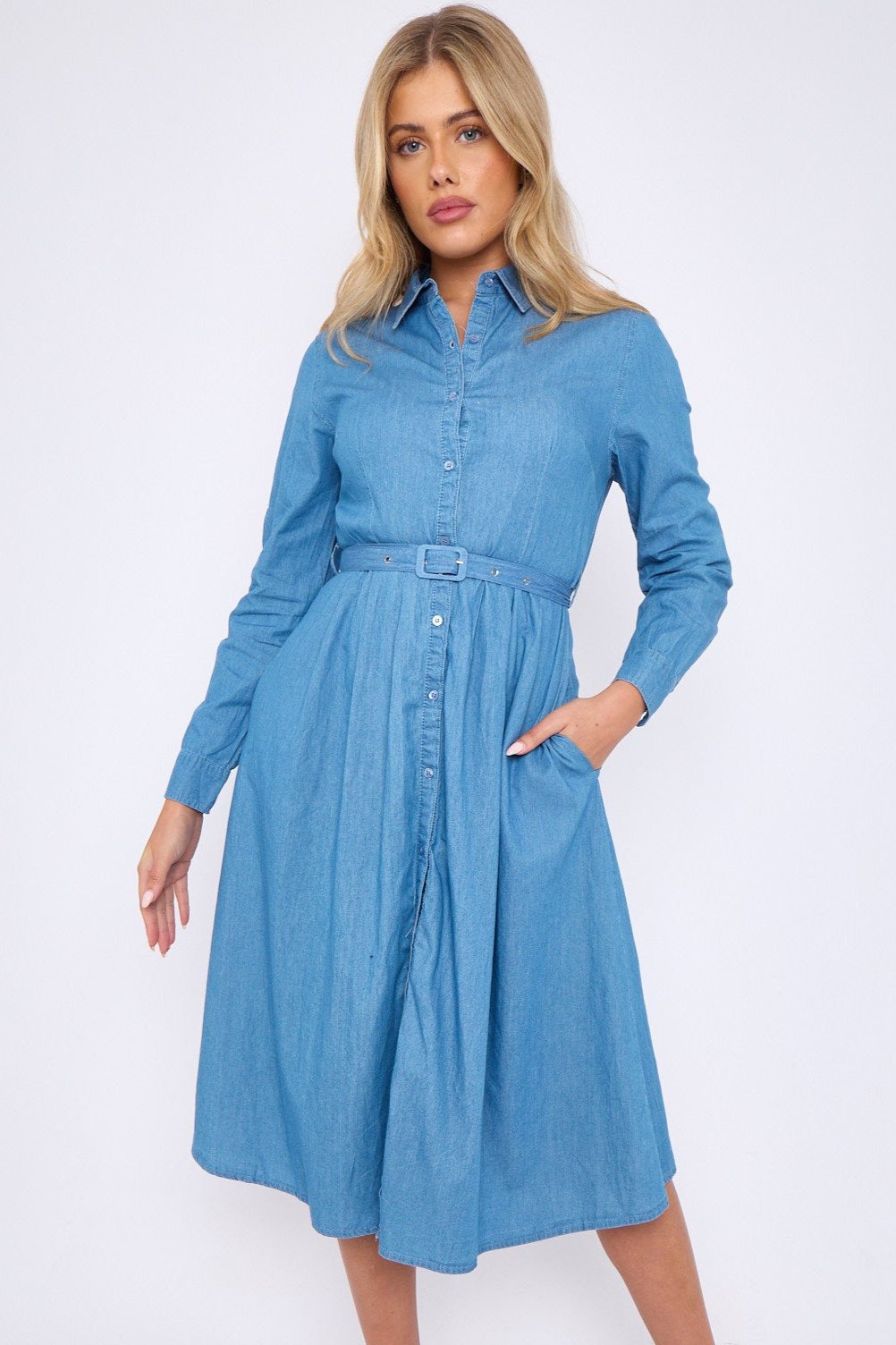 Long Sleeve Belted Denim Midi Shirt Dress with Pockets