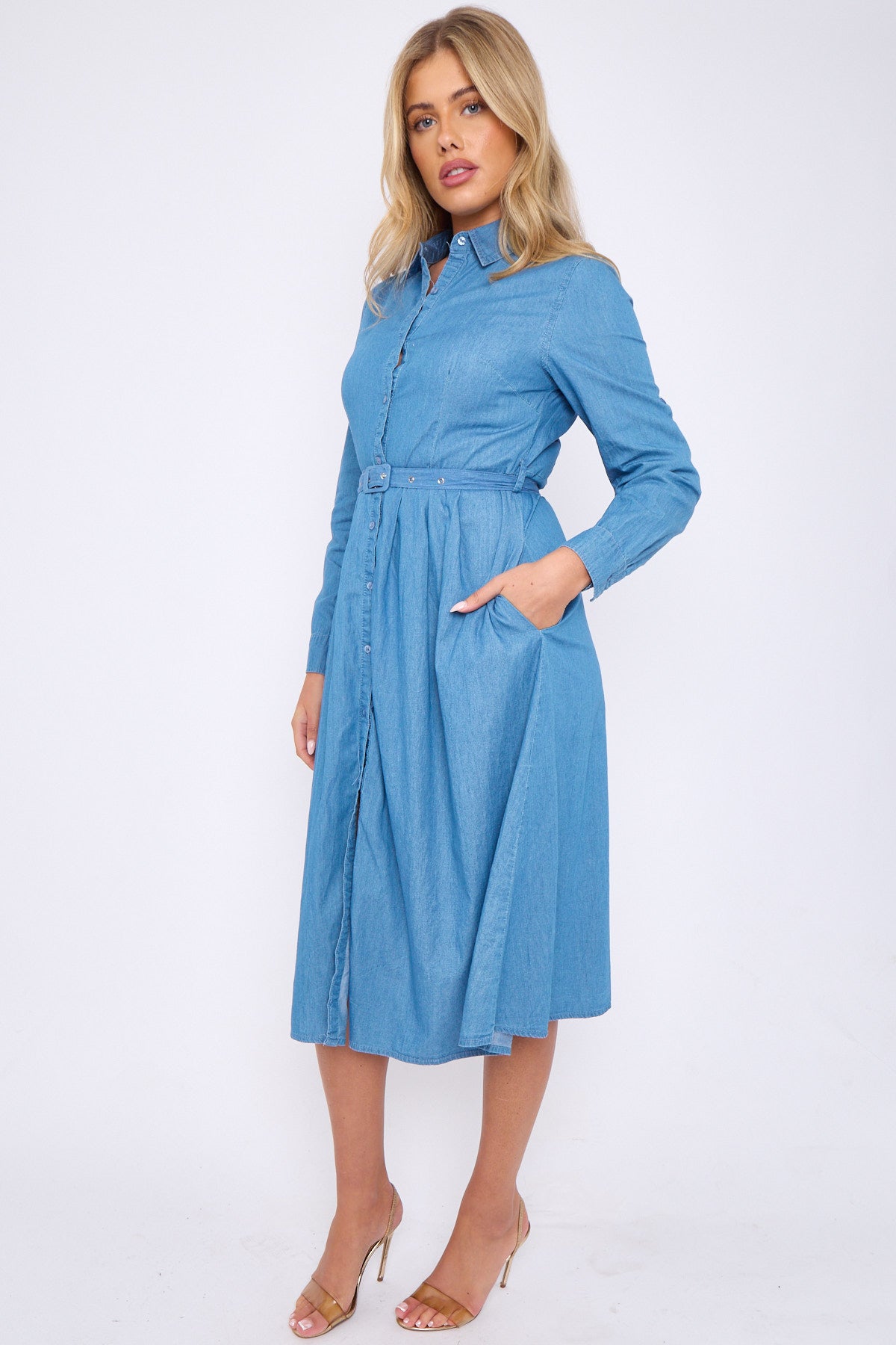 Long Sleeve Belted Denim Midi Shirt Dress with Pockets