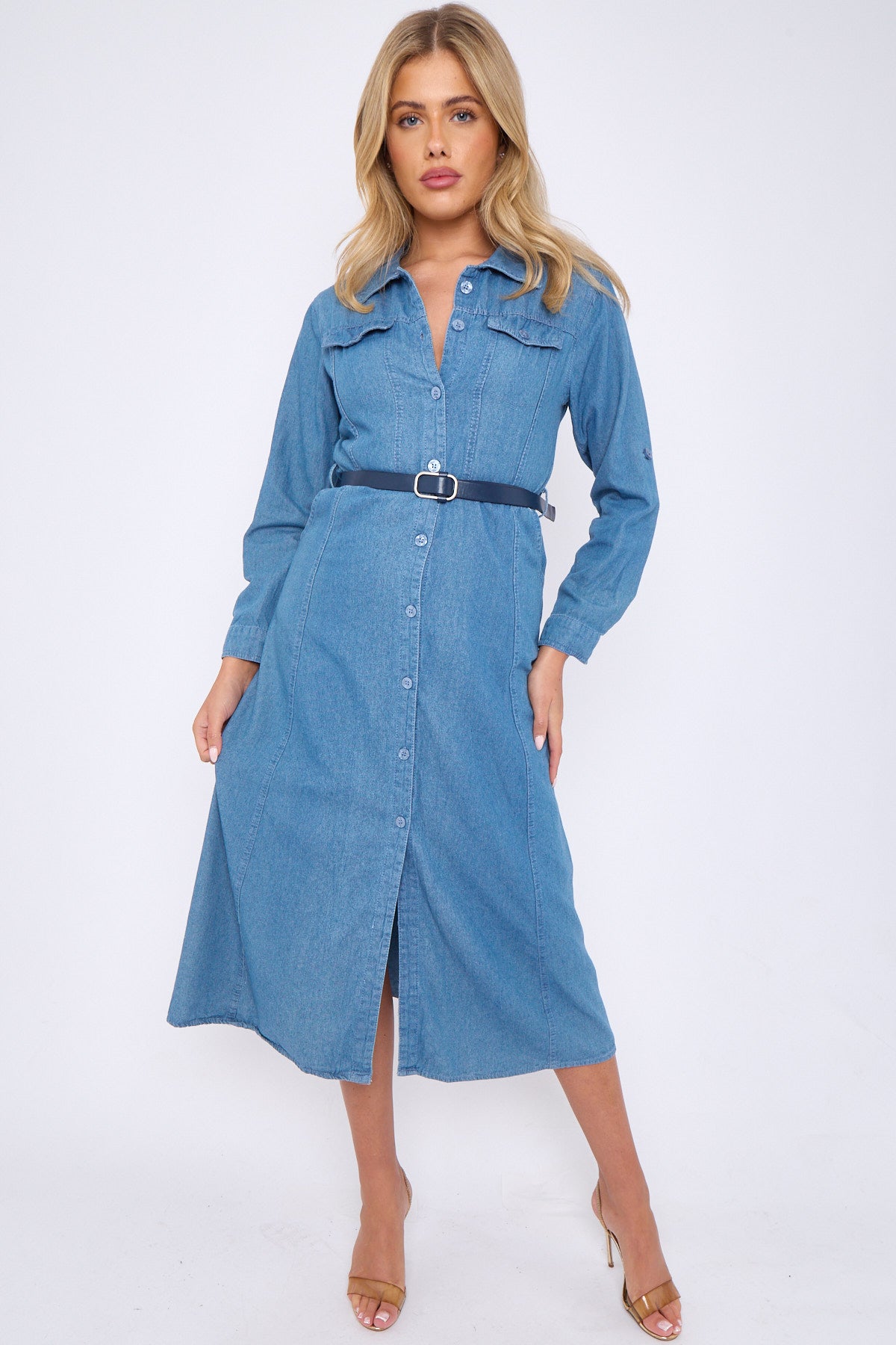 Long Sleeve Denim Maxi Shirt Dress with PU Belt