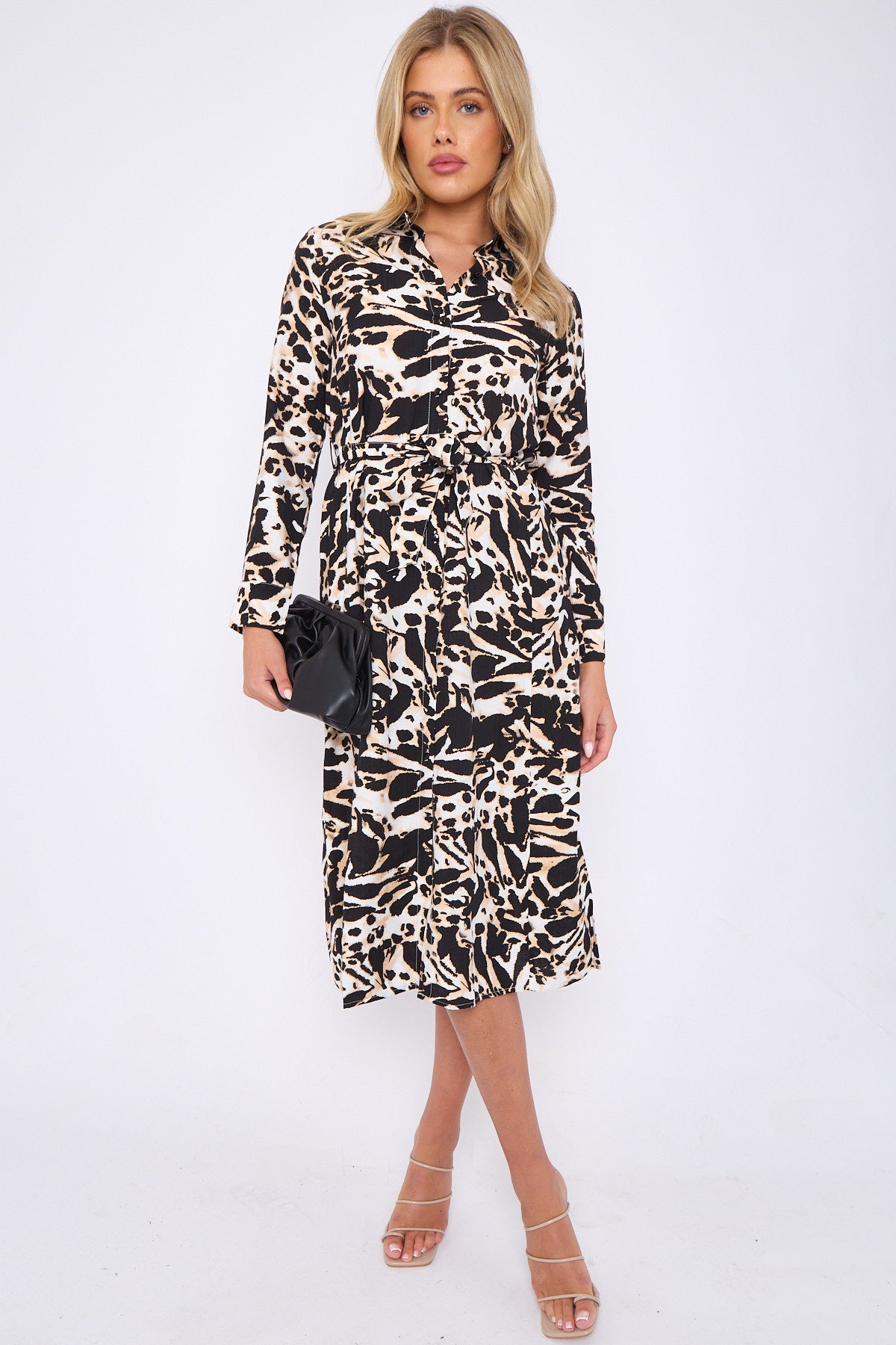 Brown Leopard Print Long Sleeve Midi Shirt Dress