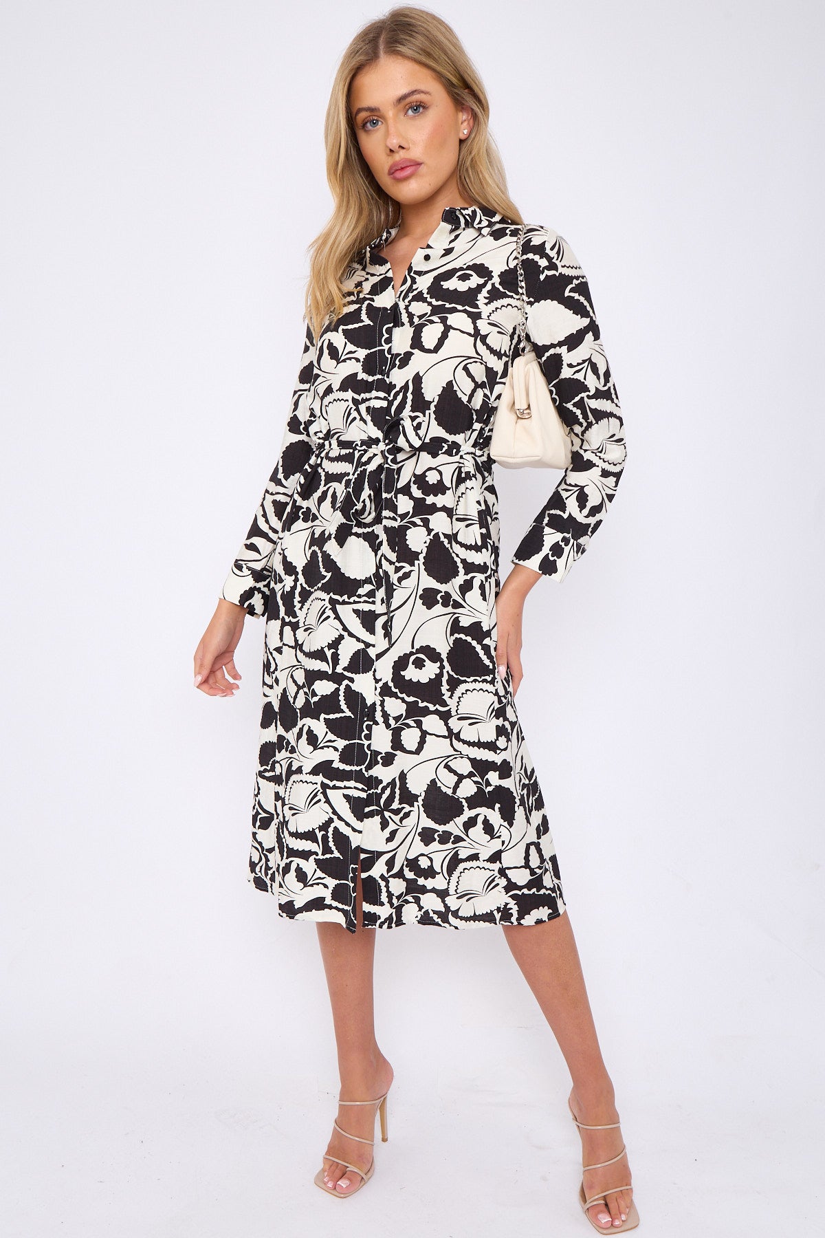 Mono Paisley Floral Print Long Sleeve Midi Shirt Dress