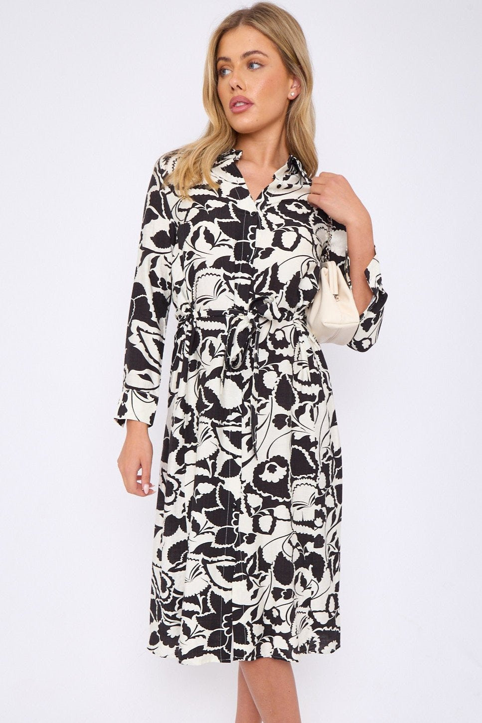 Mono Paisley Floral Print Long Sleeve Midi Shirt Dress