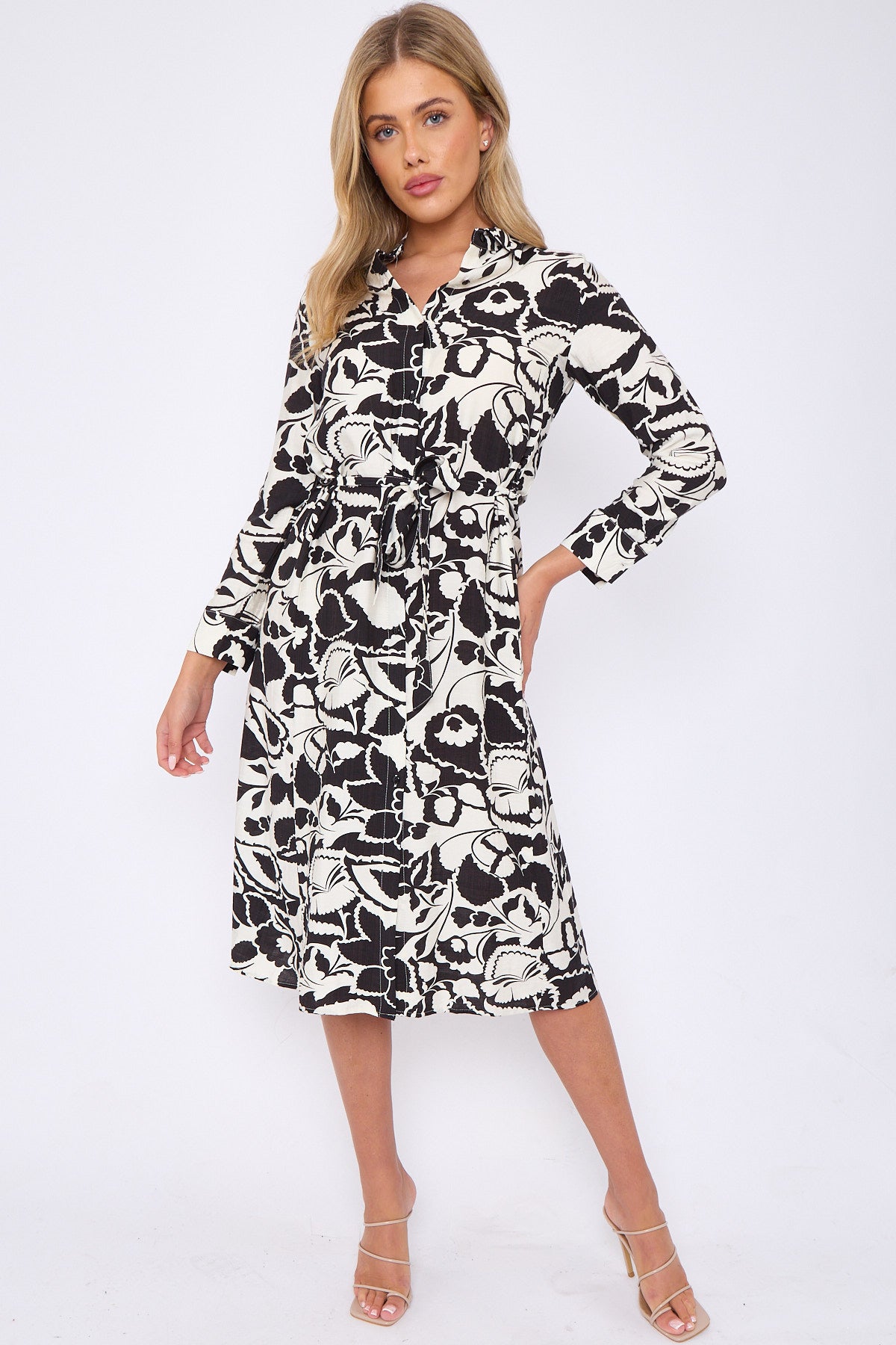 Mono Paisley Floral Print Long Sleeve Midi Shirt Dress