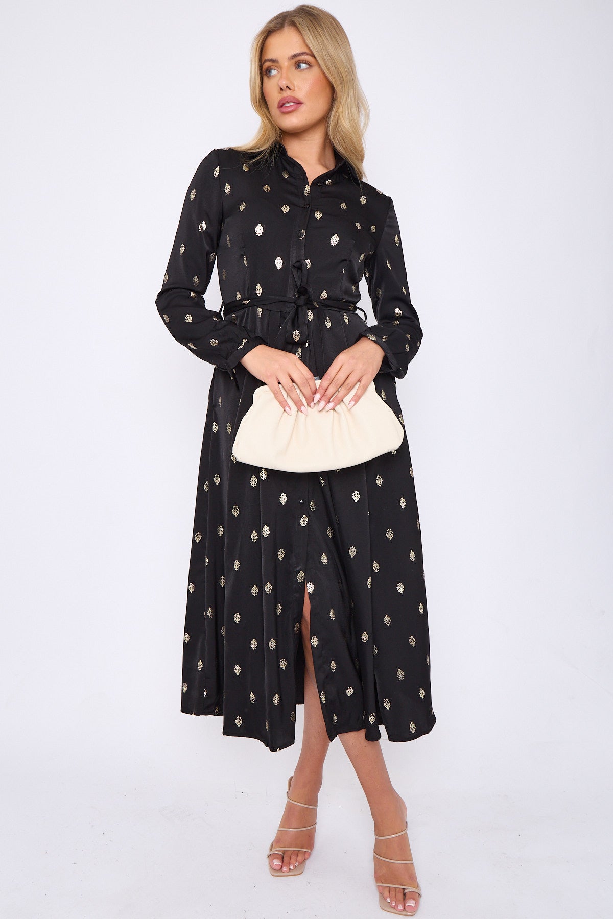 Gold Foil Pattern Print Black Midaxi Shirt Dress