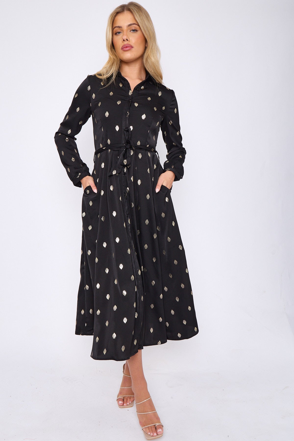 Gold Foil Pattern Print Black Midaxi Shirt Dress