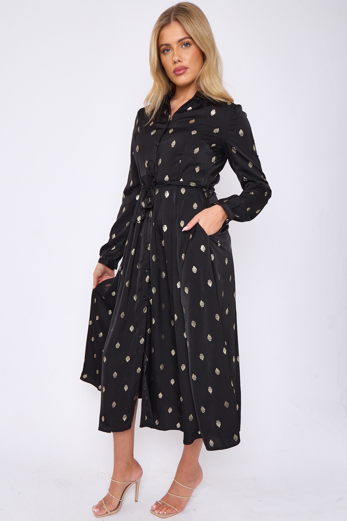 Gold Foil Pattern Print Black Midaxi Shirt Dress