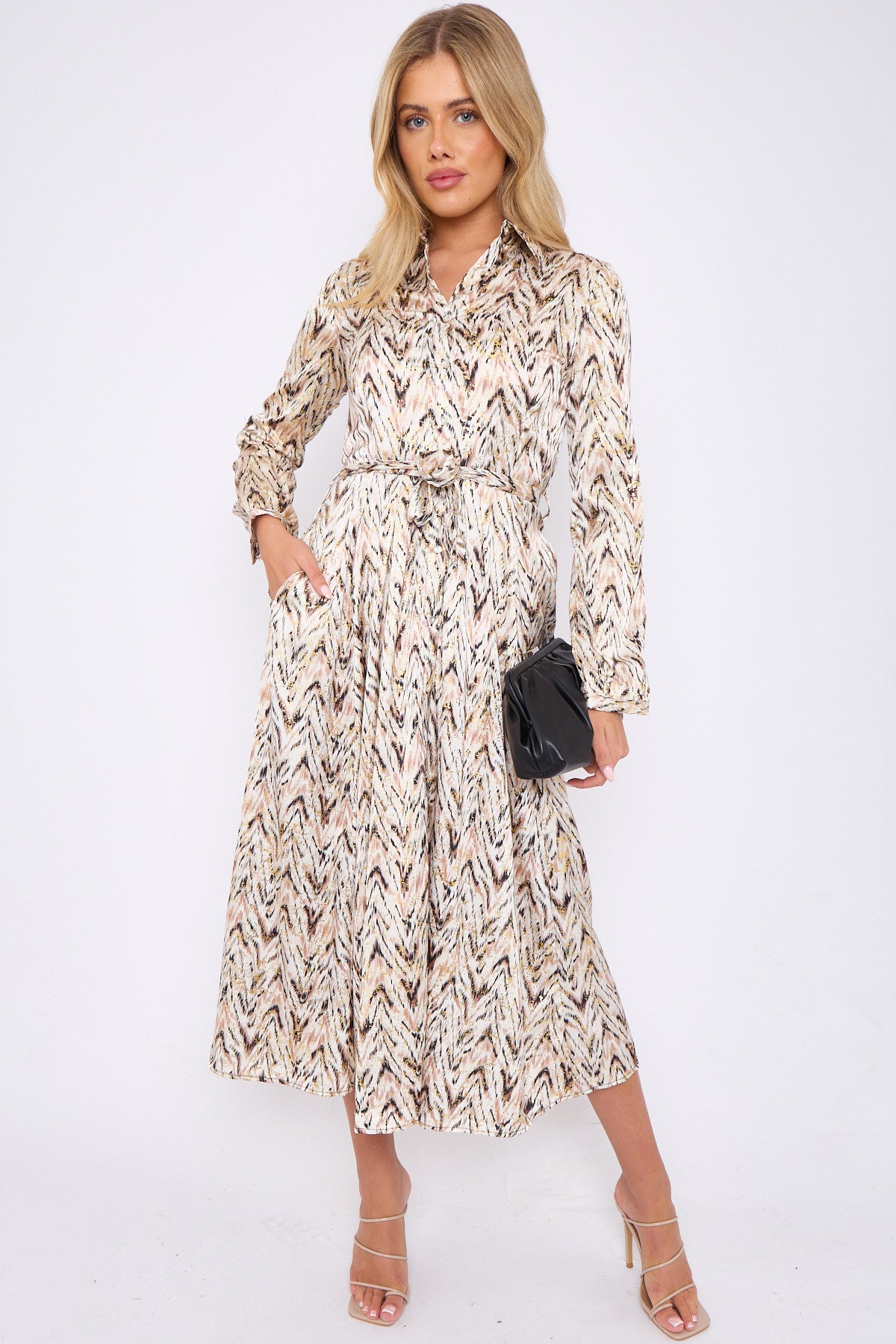 Gold Foil Aztec Print Midaxi Shirt Dress