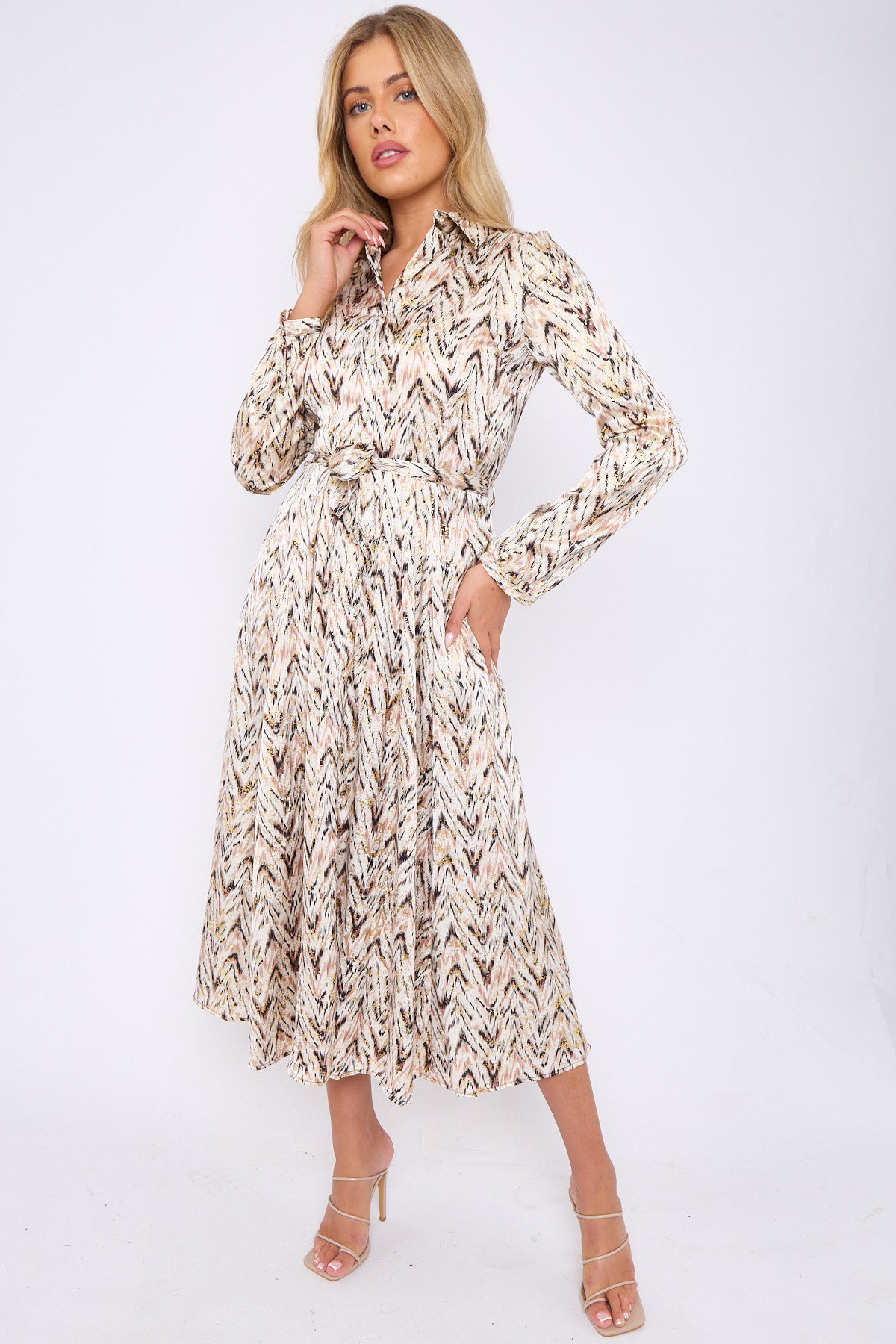 Gold Foil Aztec Print Midaxi Shirt Dress