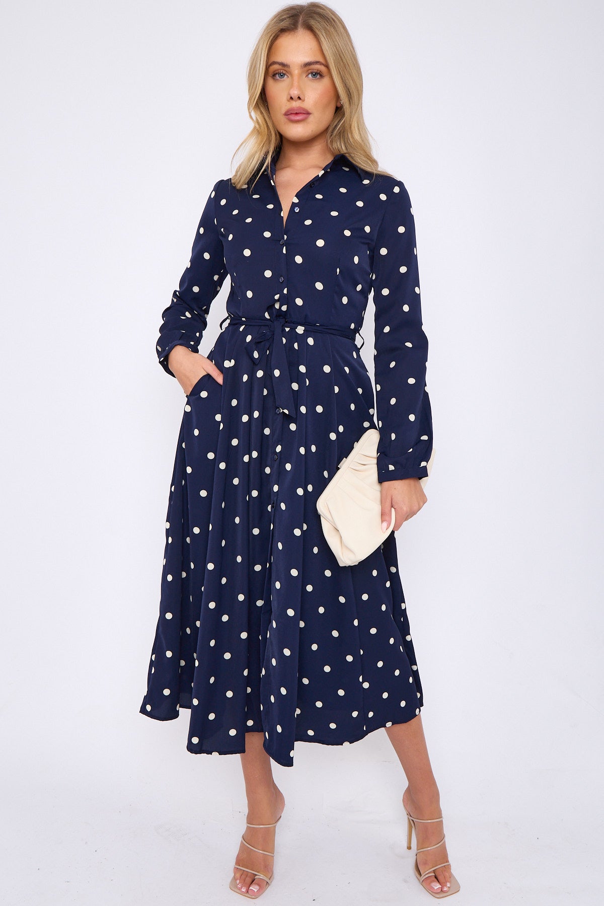 Navy Polka Dot Print Midaxi Shirt Dress