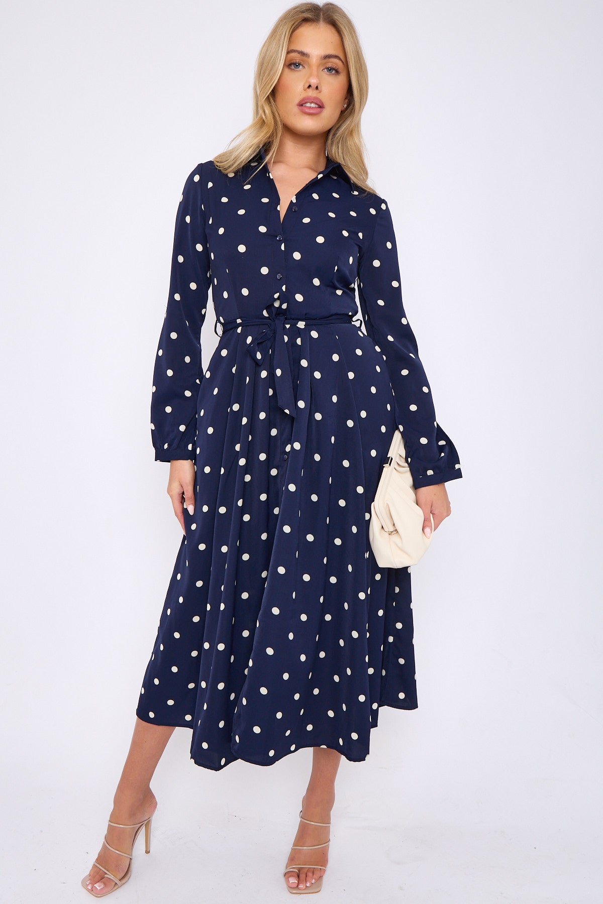 Navy Polka Dot Print Midaxi Shirt Dress