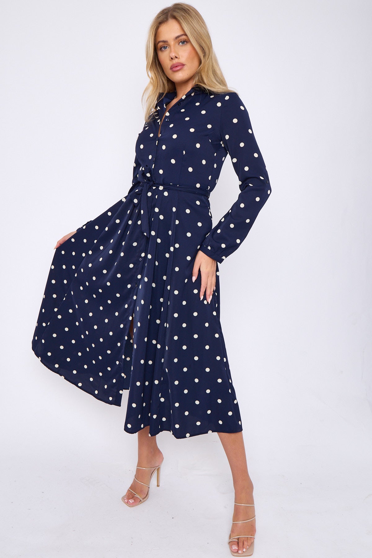 Navy Polka Dot Print Midaxi Shirt Dress