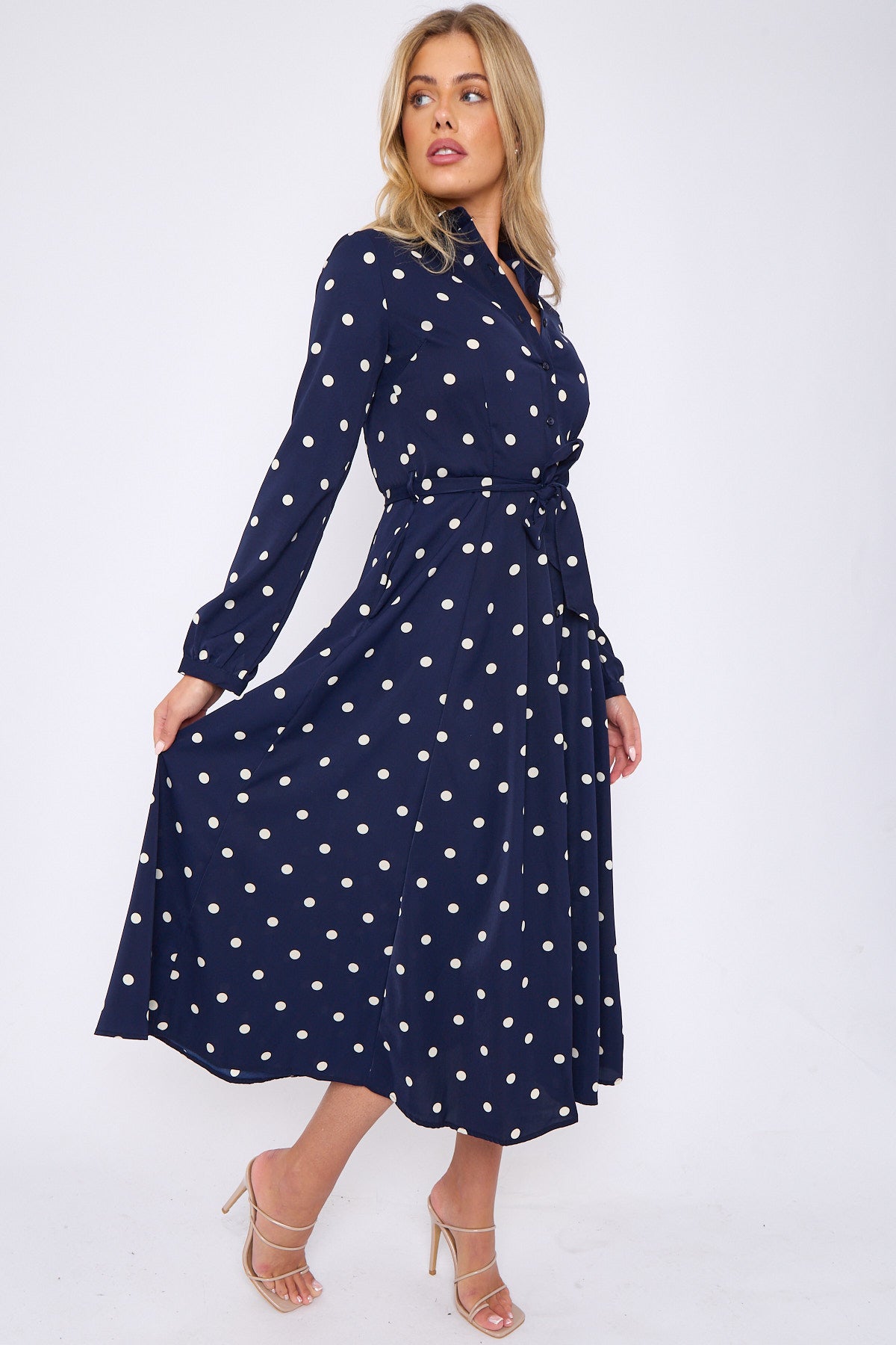 Navy Polka Dot Print Midaxi Shirt Dress