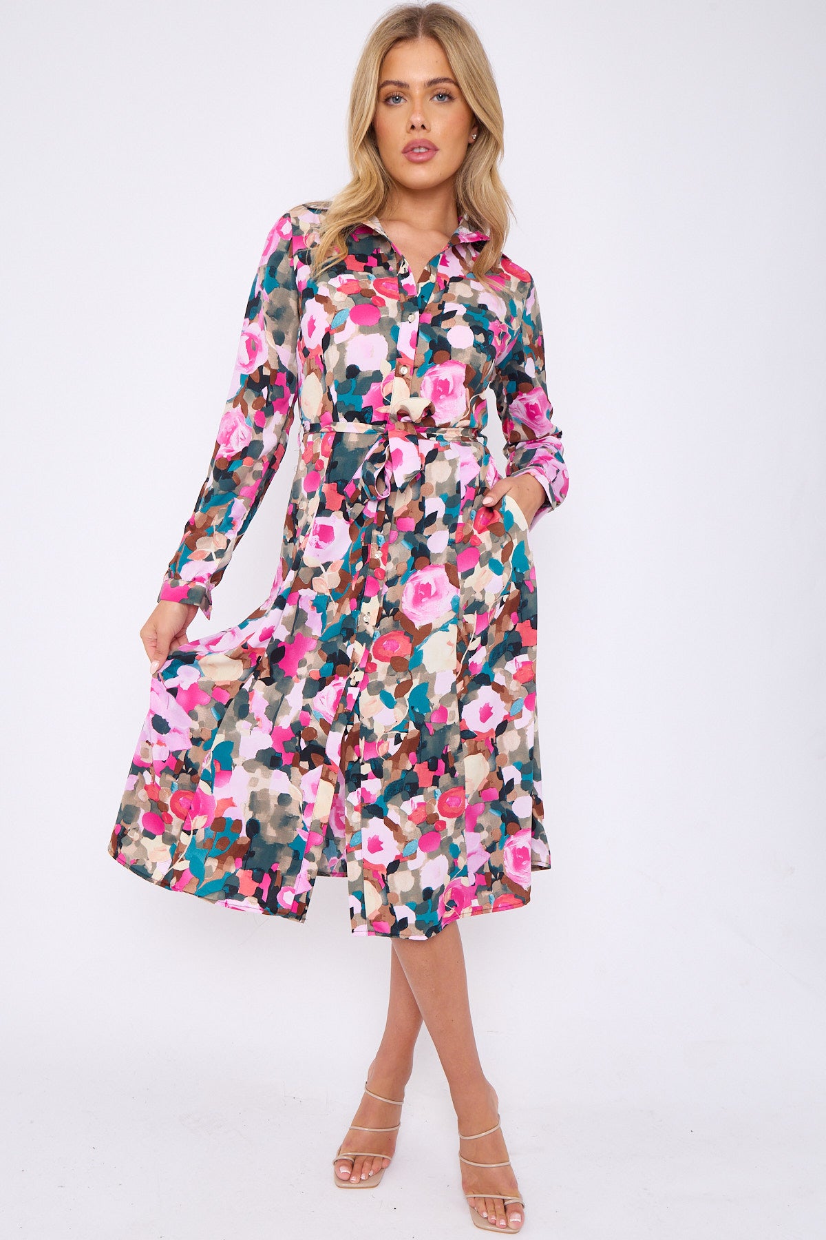 Pink Rose Floral Print Long Sleeve Midi Dress