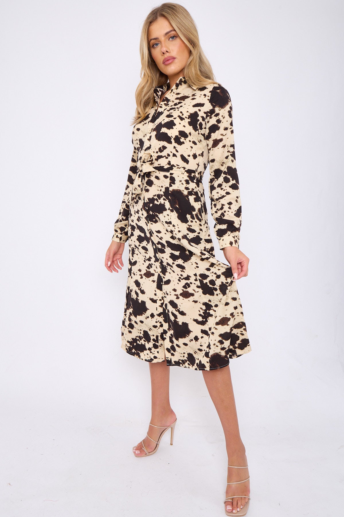 Cream Cow Print Long Sleeve Midi Dress