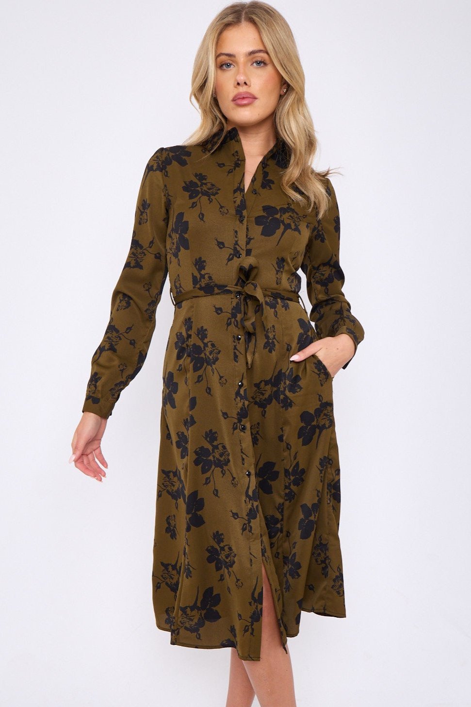 Deep Olive Floral Print Long Sleeve Midi Dress