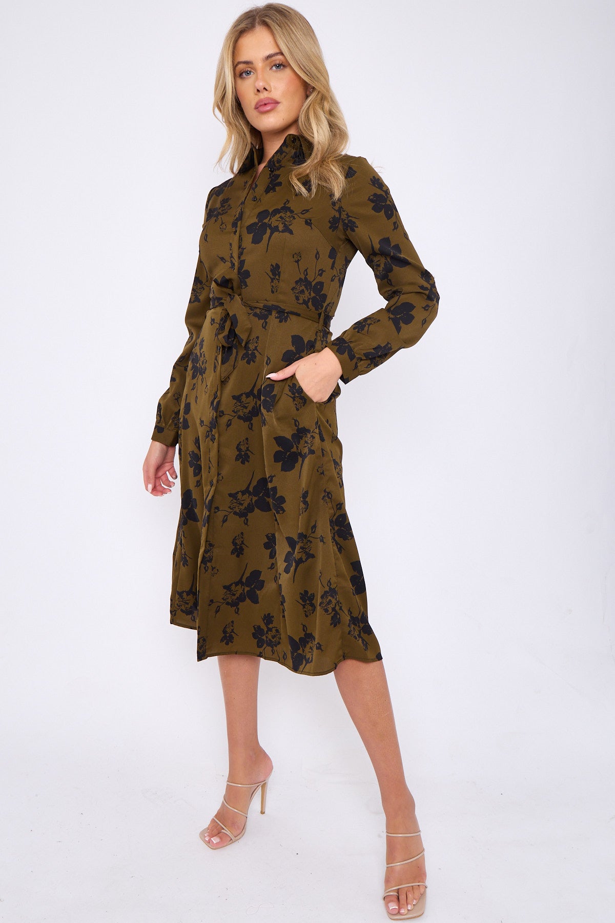 Deep Olive Floral Print Long Sleeve Midi Dress