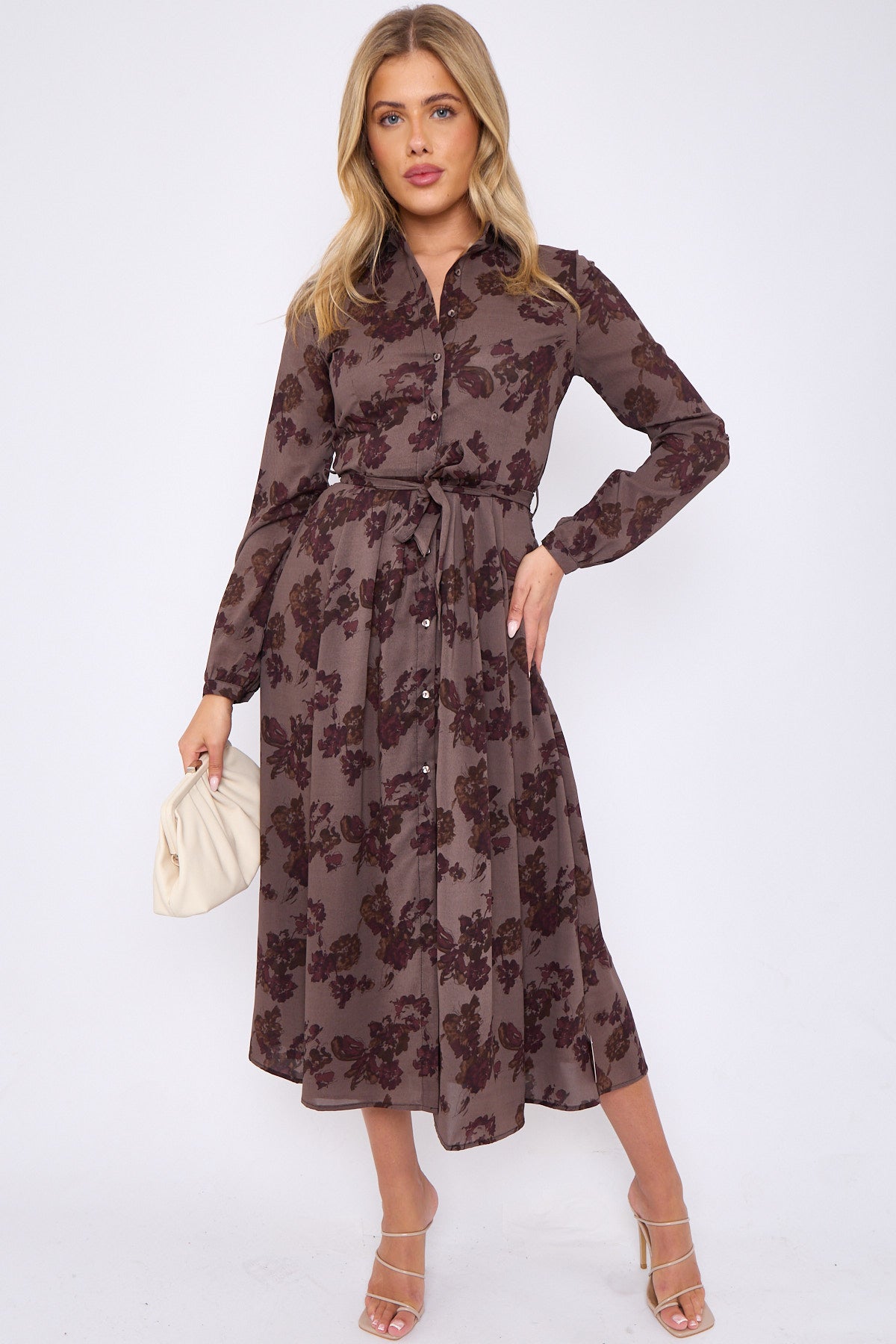 Maroon Floral Print Taupe Midaxi Shirt Dress