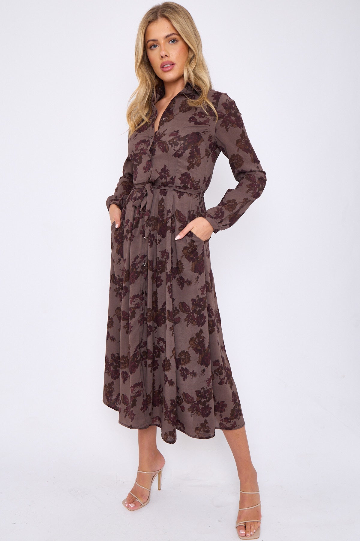 Maroon Floral Print Taupe Midaxi Shirt Dress