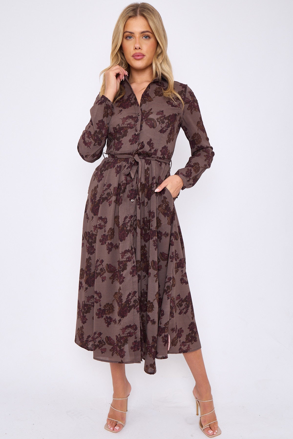 Maroon Floral Print Taupe Midaxi Shirt Dress