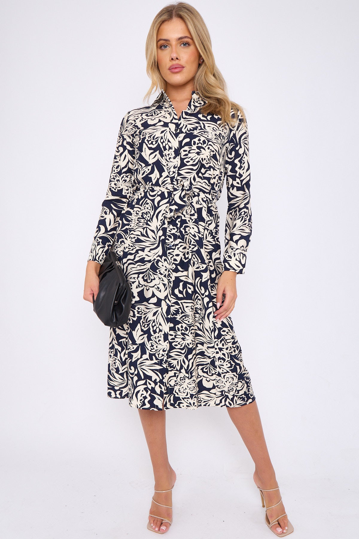 Navy Abstrat Floral Print Long Sleeve Midi Shirt Dress