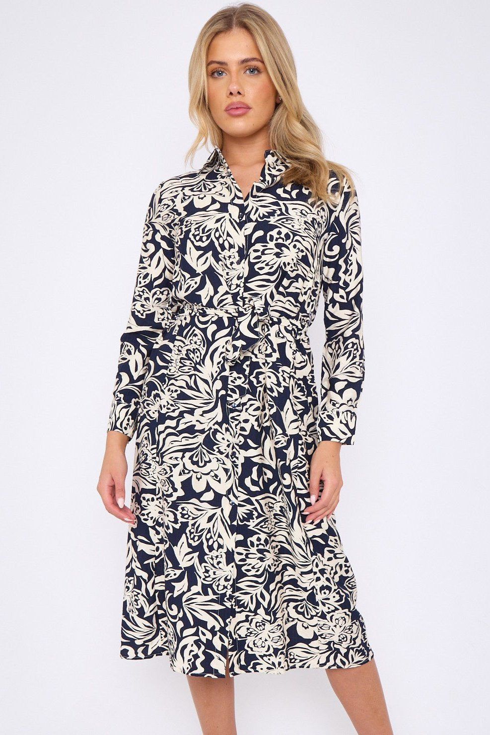 Navy Abstrat Floral Print Long Sleeve Midi Shirt Dress