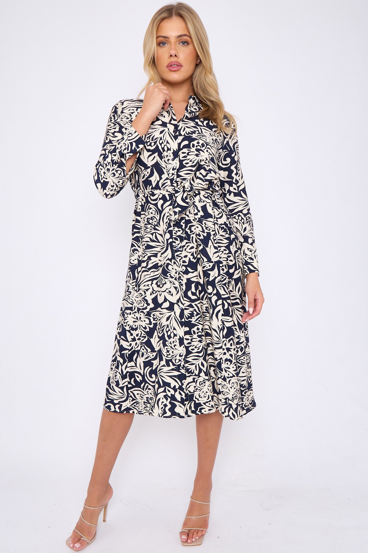 Navy Abstrat Floral Print Long Sleeve Midi Shirt Dress