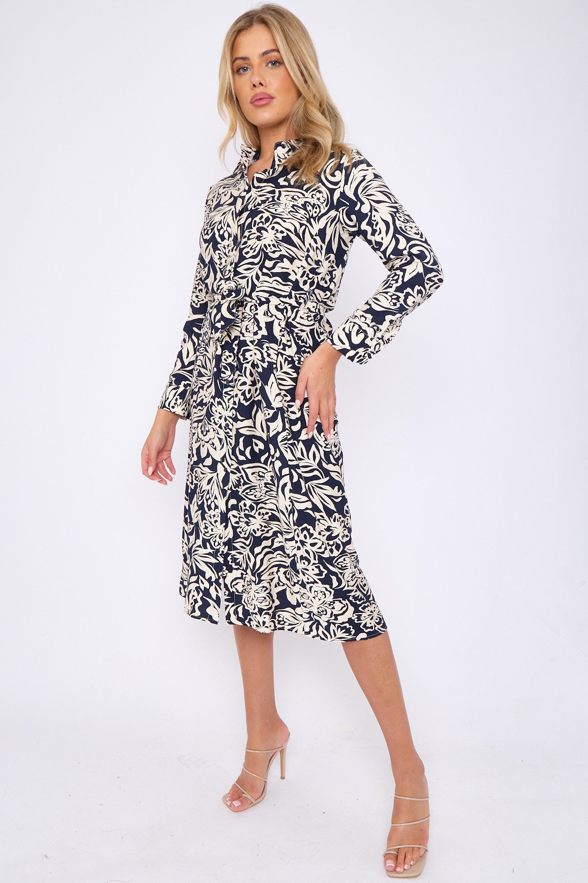 Navy Abstrat Floral Print Long Sleeve Midi Shirt Dress