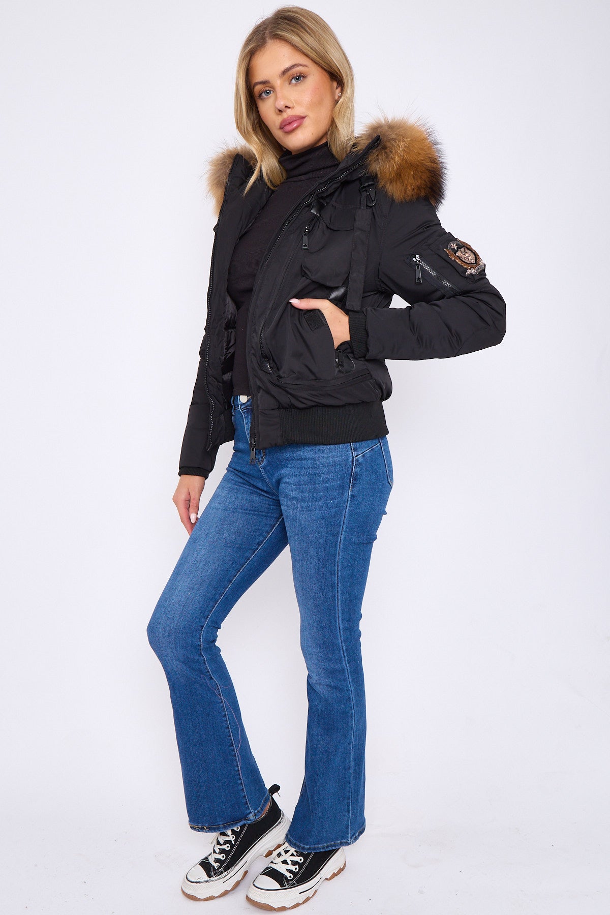 Black Bomber Para Jacket In Luxury Fur on Hood