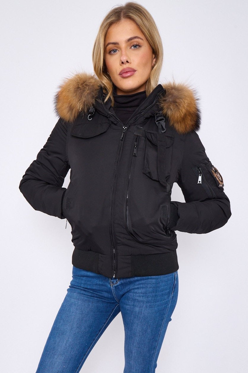 Black Bomber Para Jacket In Luxury Fur on Hood