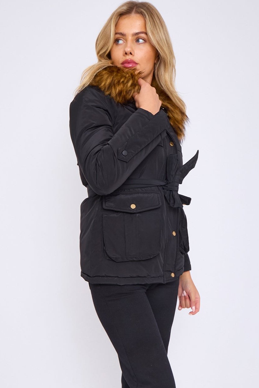 Black Faux Fur Collar Belted Short Parka Jacket