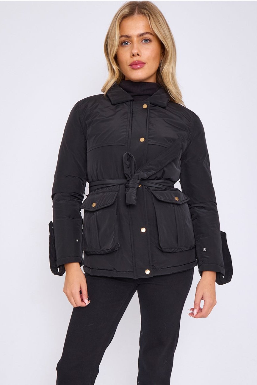 Black Faux Fur Collar Belted Short Parka Jacket