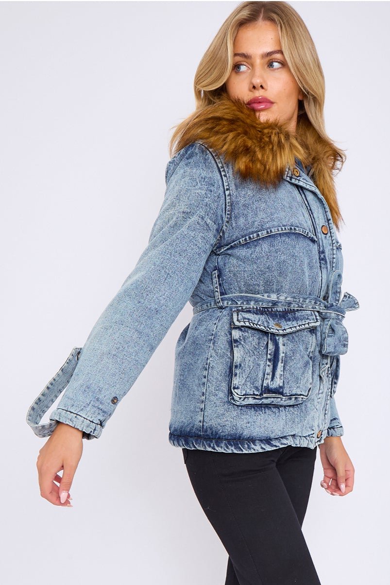 Faux Fur Collar Denim Short Parka Jacket