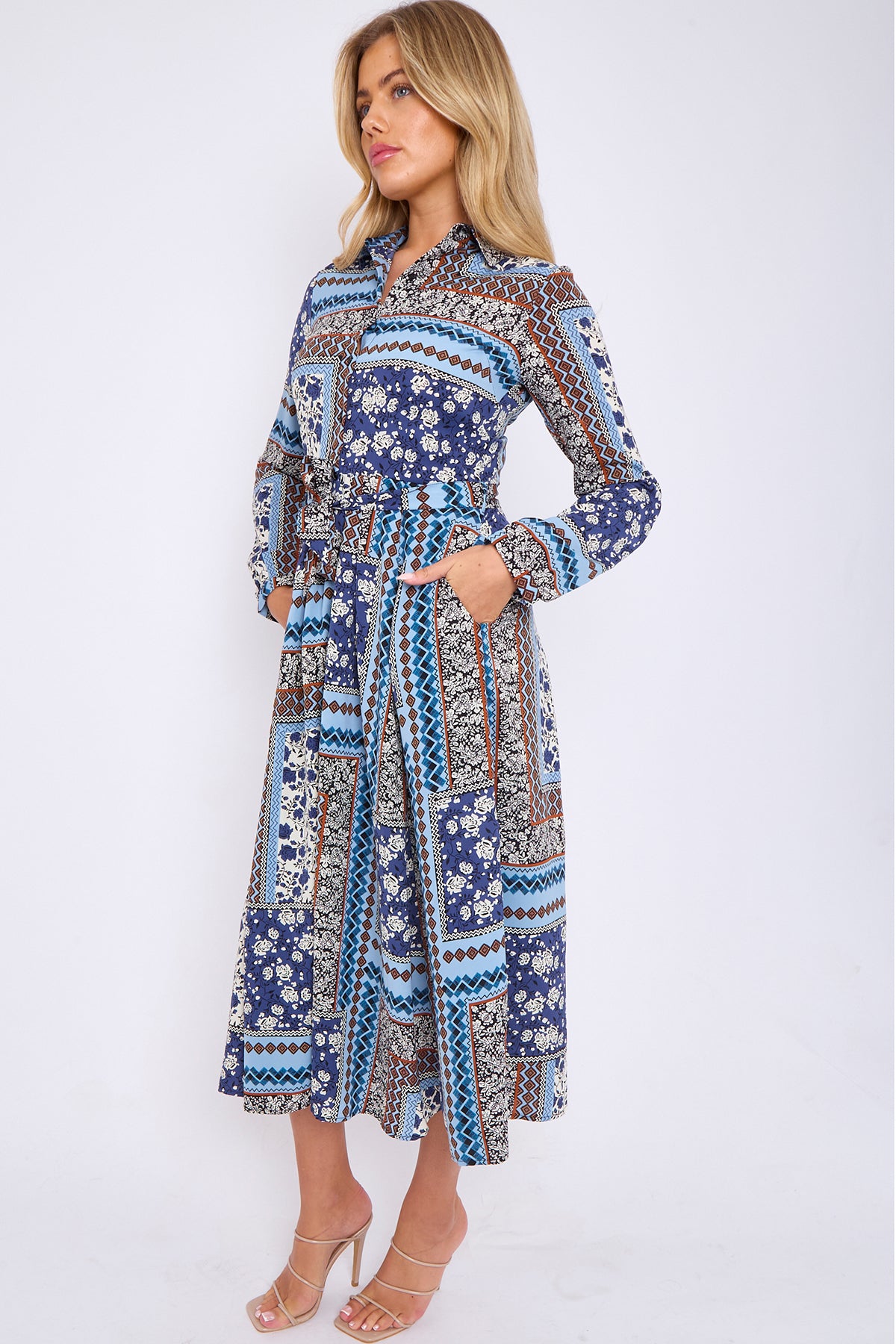 Blue Patchwork Print Midaxi Shirt Dress