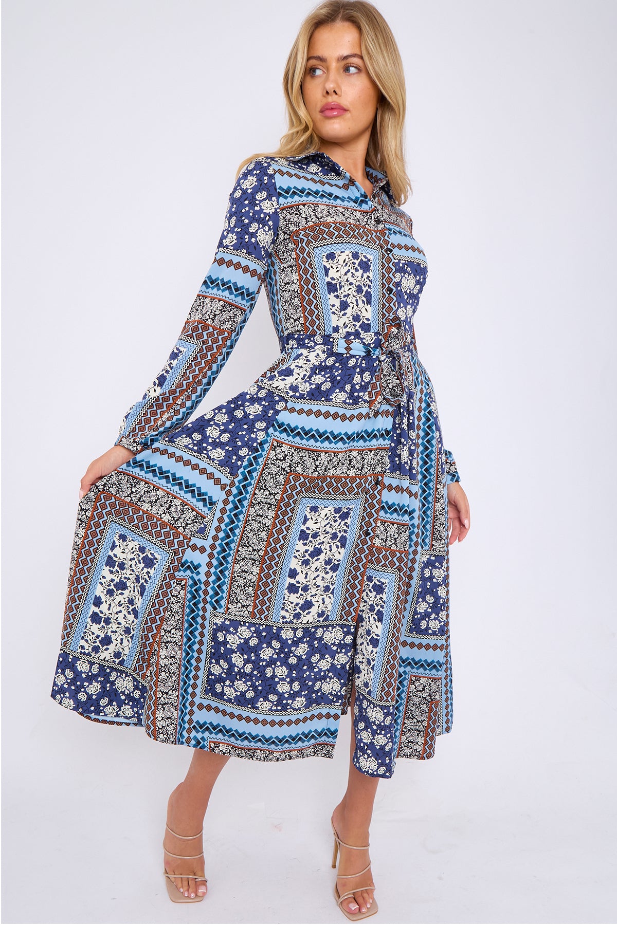 Blue Patchwork Print Midaxi Shirt Dress