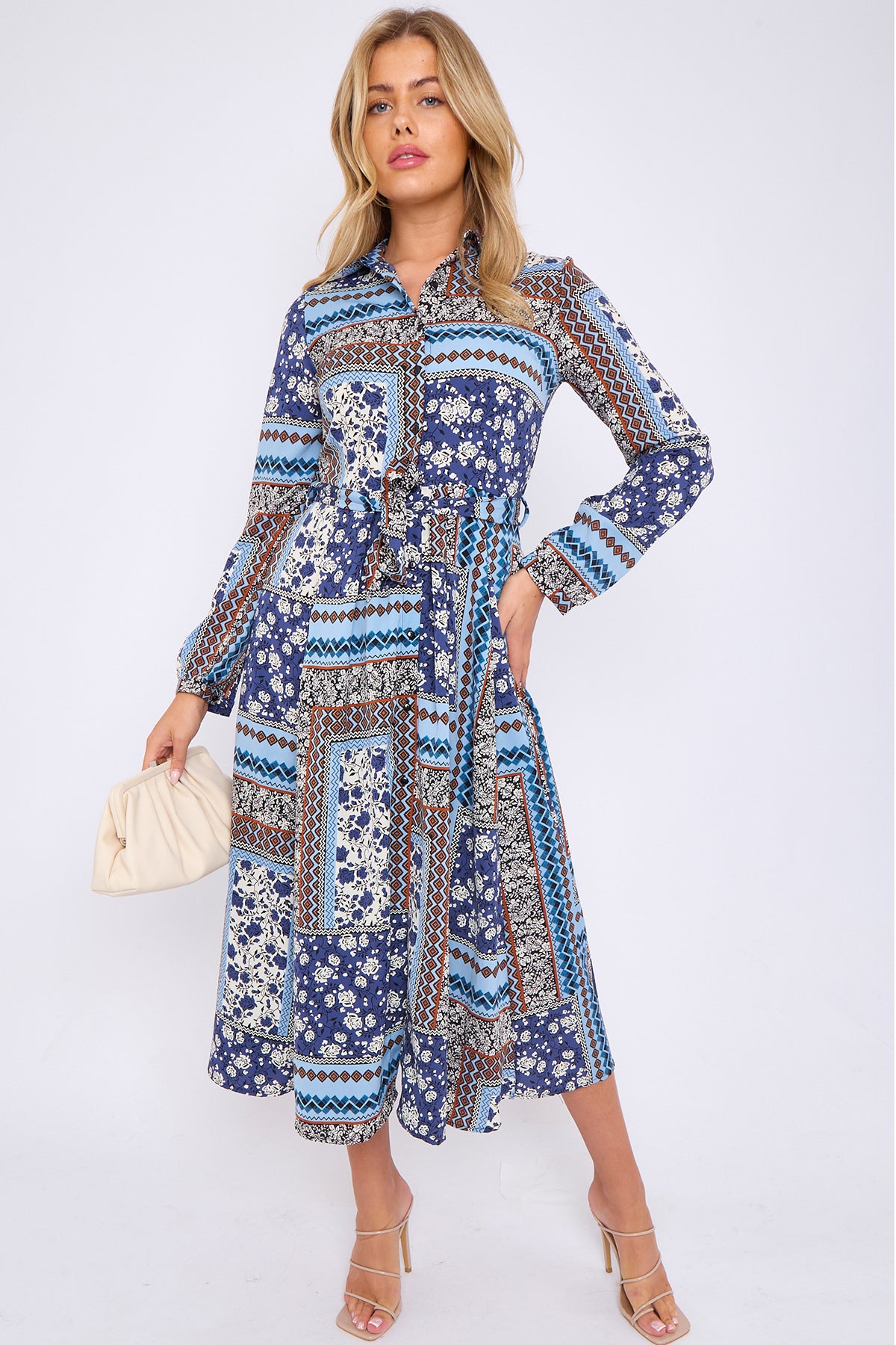 Blue Patchwork Print Midaxi Shirt Dress