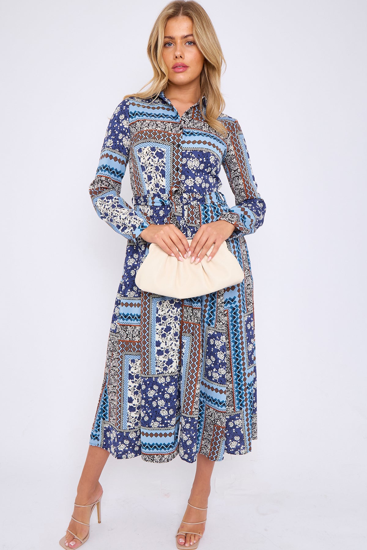 Blue Patchwork Print Midaxi Shirt Dress