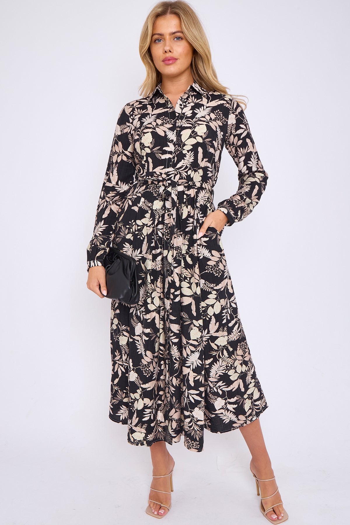 Black Leaf Print Linen Textured Midaxi Shirt Dress