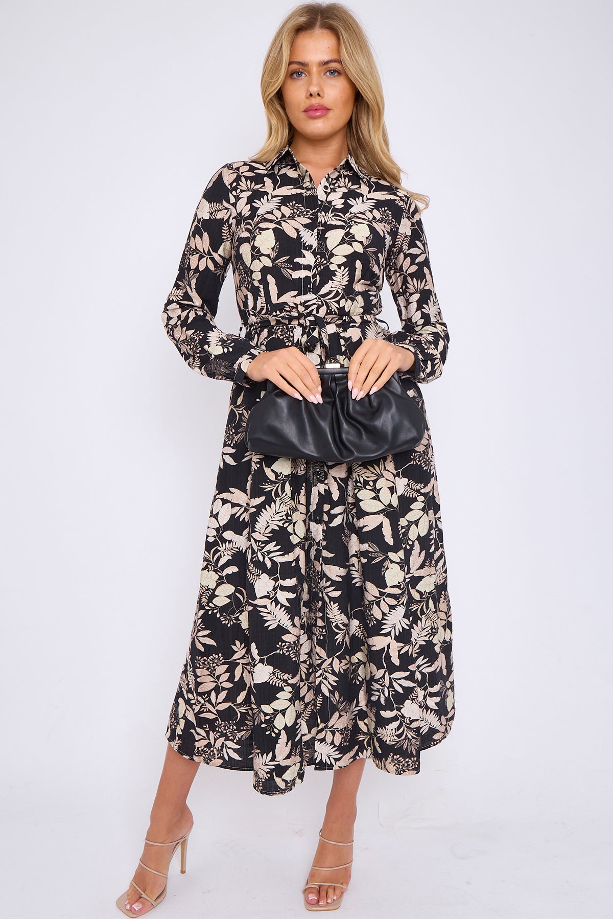 Black Leaf Print Linen Textured Midaxi Shirt Dress