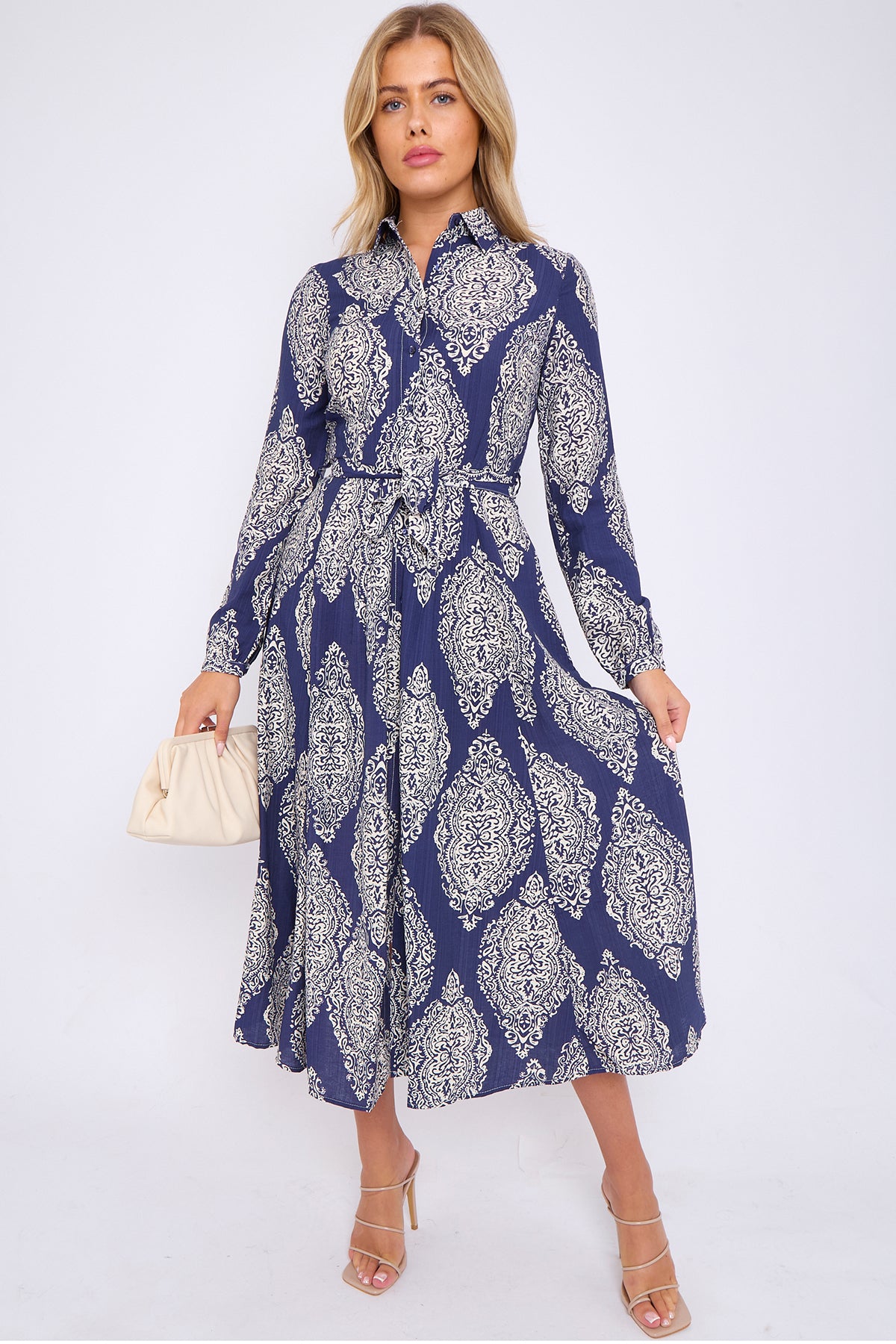 Navy Medallion Print Linen Textured Midaxi Shirt Dress