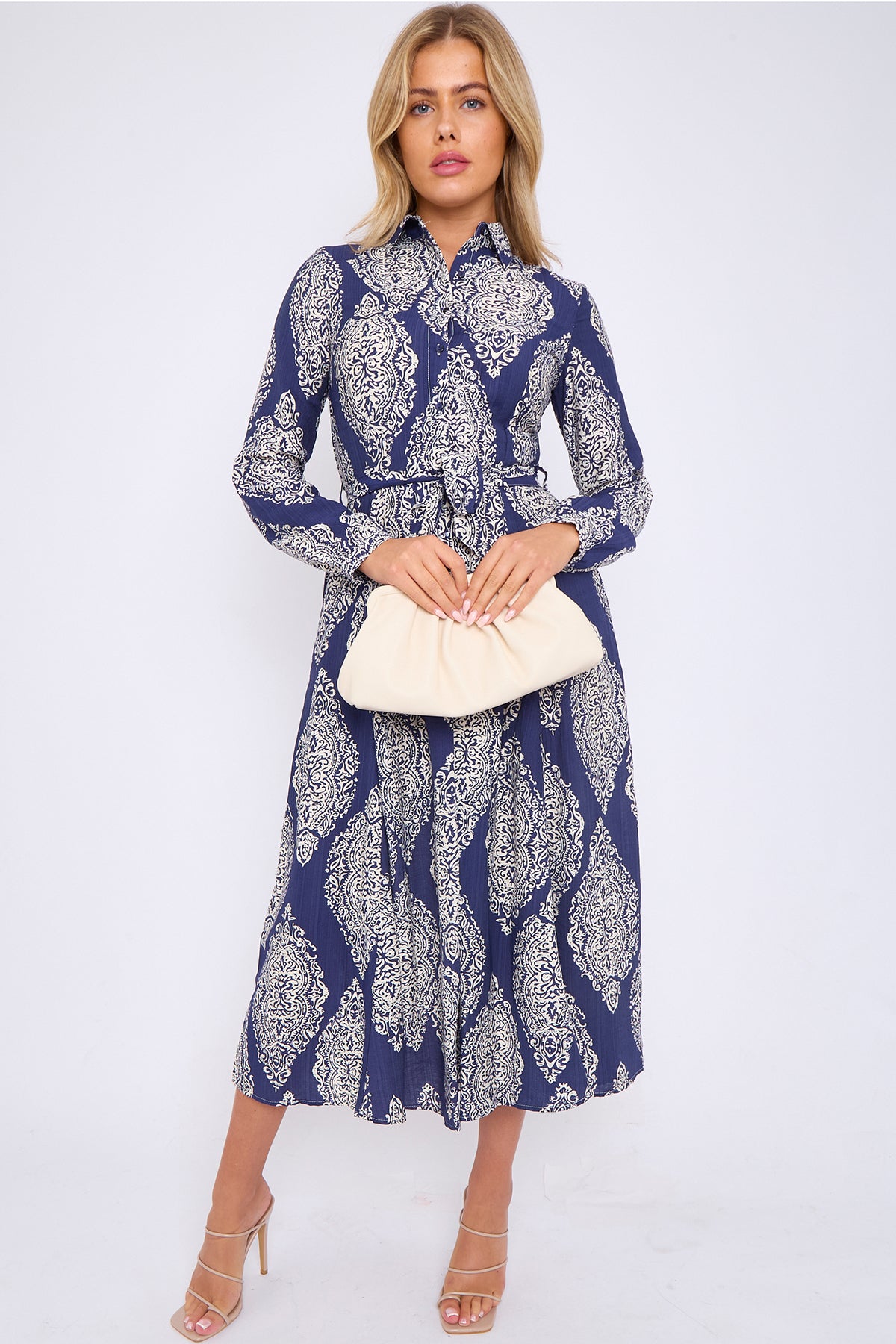 Navy Medallion Print Linen Textured Midaxi Shirt Dress