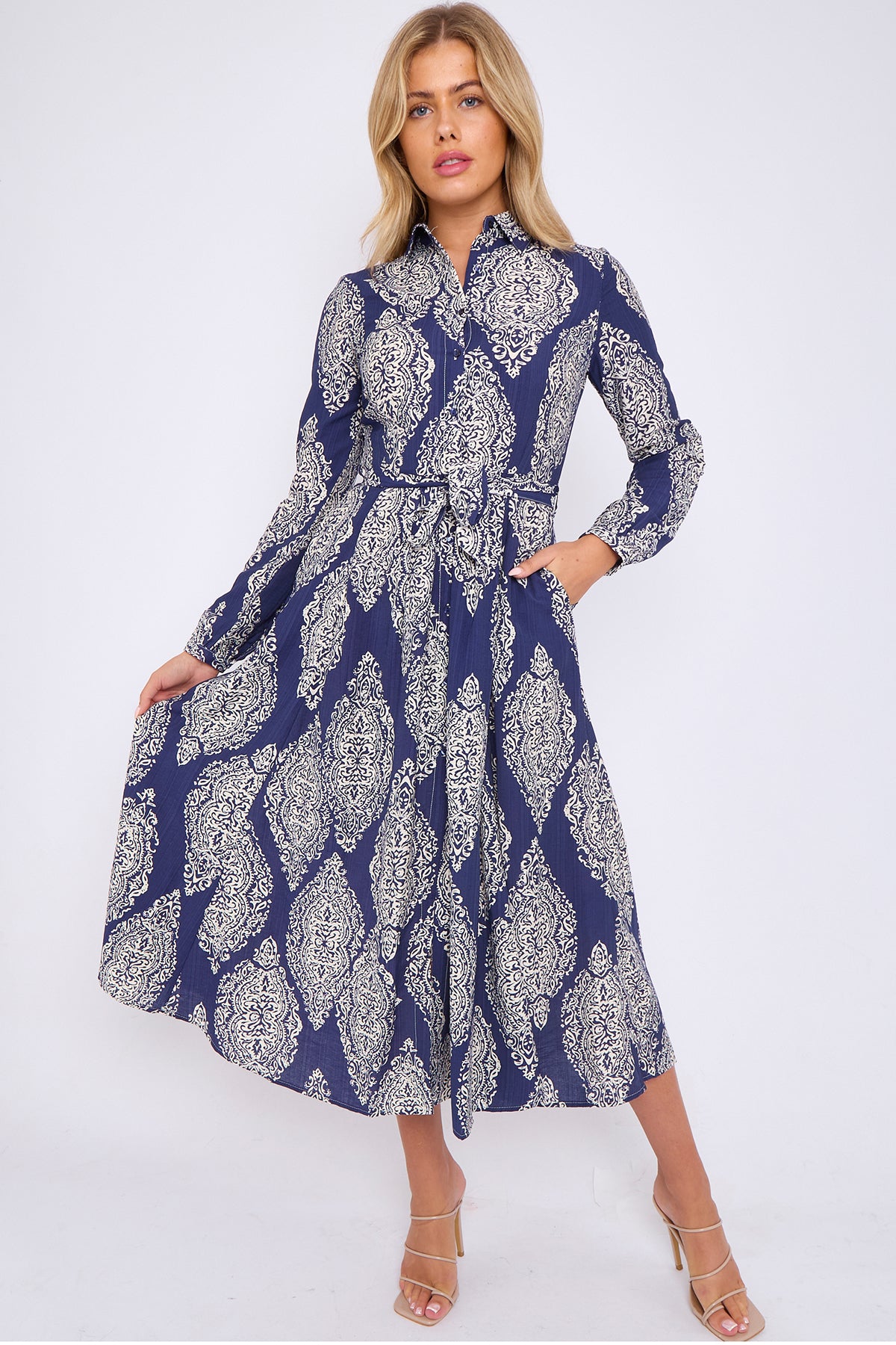 Navy Medallion Print Linen Textured Midaxi Shirt Dress