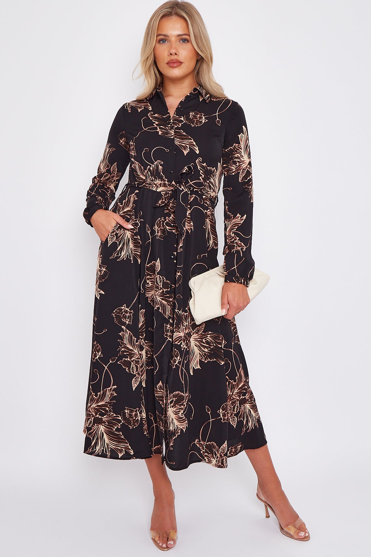 Black Floral Print Midaxi Shirt Dress