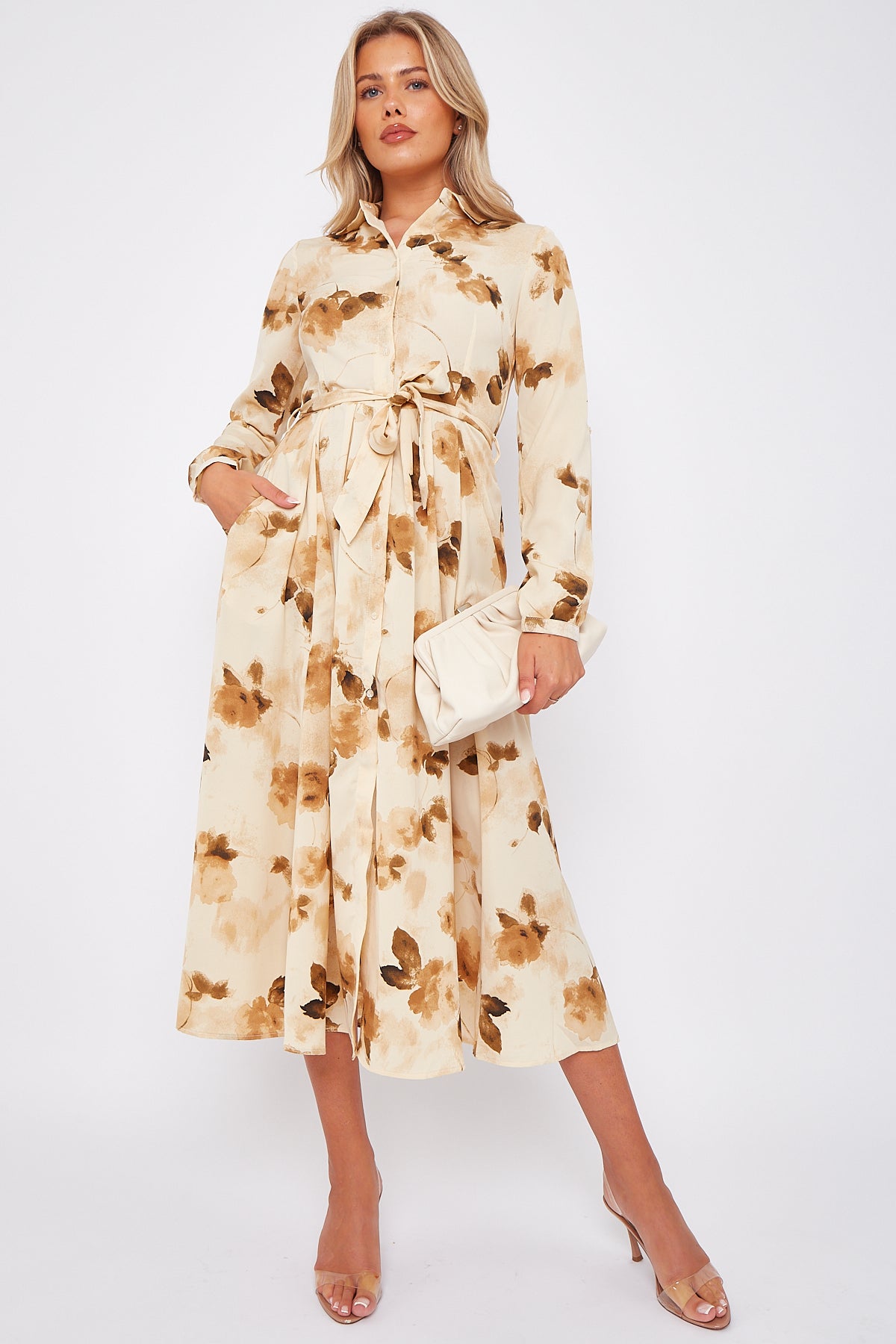 Beige Floral Print Midaxi Shirt Dress