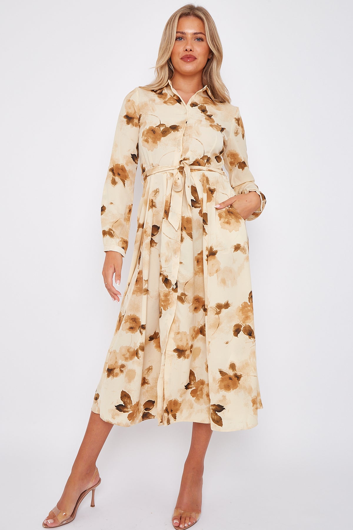 Beige Floral Print Midaxi Shirt Dress